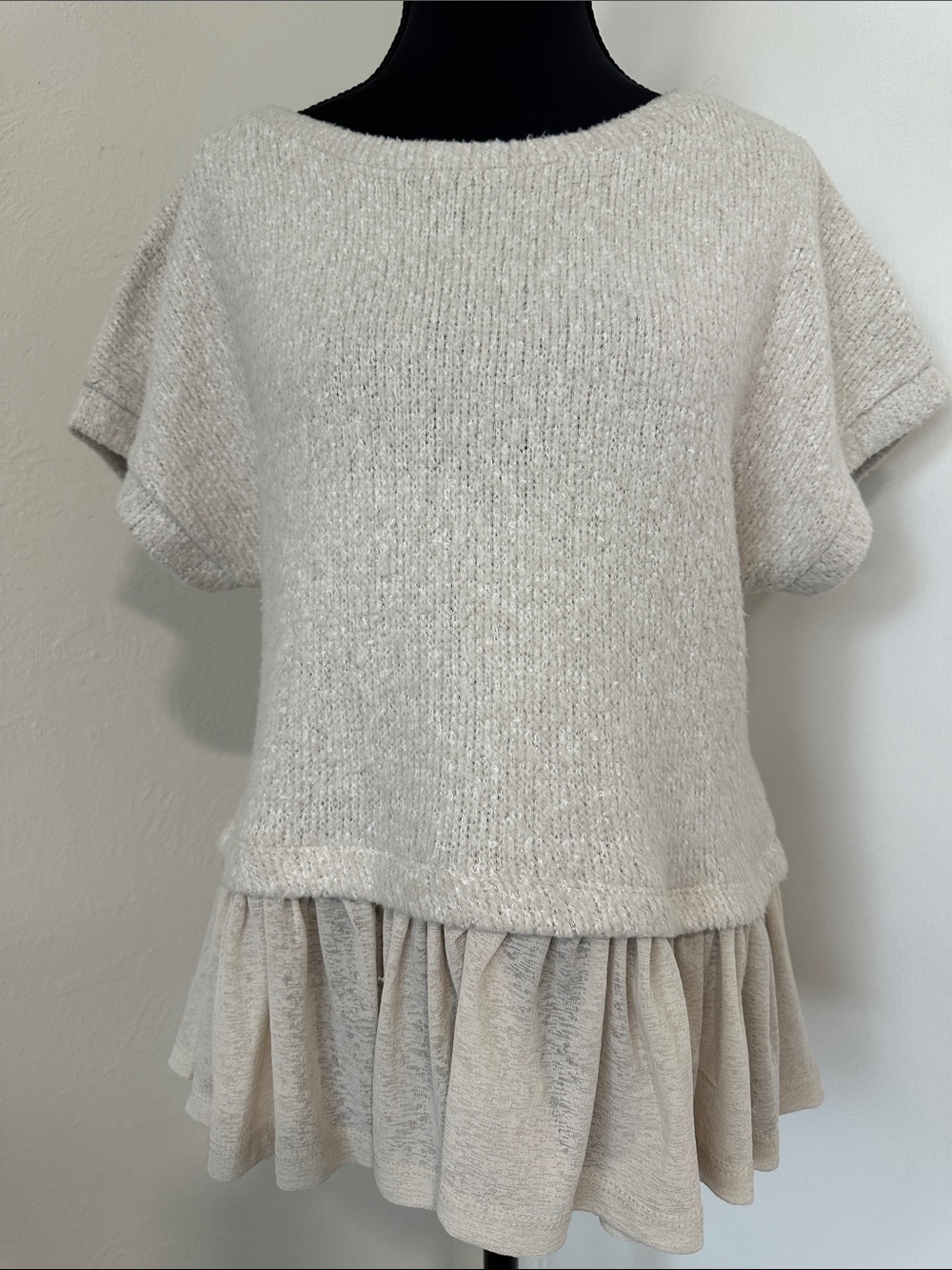 NWT- Anthropologie Casual Ruffle-Hem Short Sleeve Top - Color Pearl